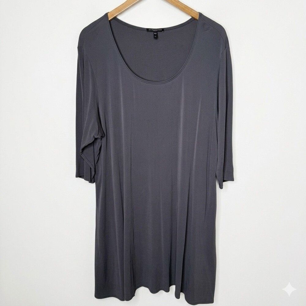 Eileen Fisher Women's 2X 100% Silk Tunic Top Sleep Dress 3/4 Sleeve Gray Scoop
